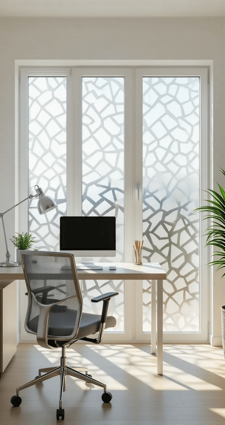 Modern home office with sliding glass door featuring geometric-patterned decorative film, prismatic light effects on white walls, clean-lined bleached oak desk, gray mesh ergonomic chair, and minimalist chrome and clear glass decor.