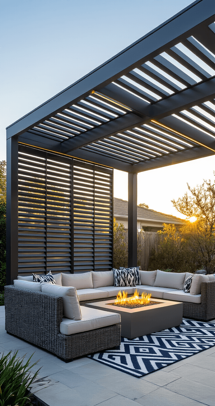 A modern louvered pergola in matte charcoal frames a contemporary outdoor living space featuring a gray sectional sofa, ivory cushions, and a linear fire table, illuminated by integrated LED strips during golden hour.
