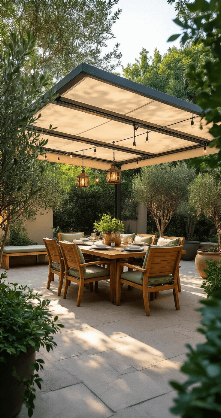 A bright outdoor entertainment area featuring a cream-colored retractable canopy over a contemporary teak dining set for eight, adorned with sage green and white textiles. Copper lanterns and string lights hang above, while potted olive trees accent the corners. The natural stone flooring adds texture, and a soft bokeh effect highlights a lush background garden, creating a warm and inviting atmosphere.
