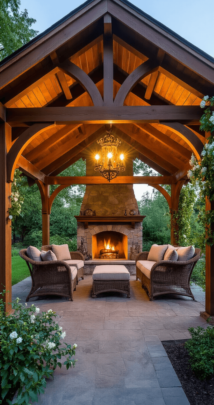 Dusk view of a classic cedar pavilion with a peaked roof and exposed beams, featuring oversized wicker chairs, a vintage chandelier, and a stone fireplace, all framed by climbing roses and wisteria in a warm, romantic setting.