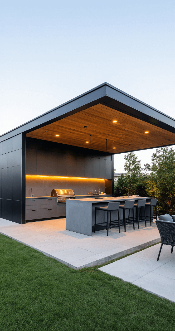 Early evening view of a minimalist entertainment pavilion with a matte black steel frame and warm wood ceiling panels, featuring a central concrete gray kitchen island with a built-in grill, modern bar seating in powder-coated aluminum, and ambient LED strip lighting, showcasing a seamless indoor-outdoor flow.