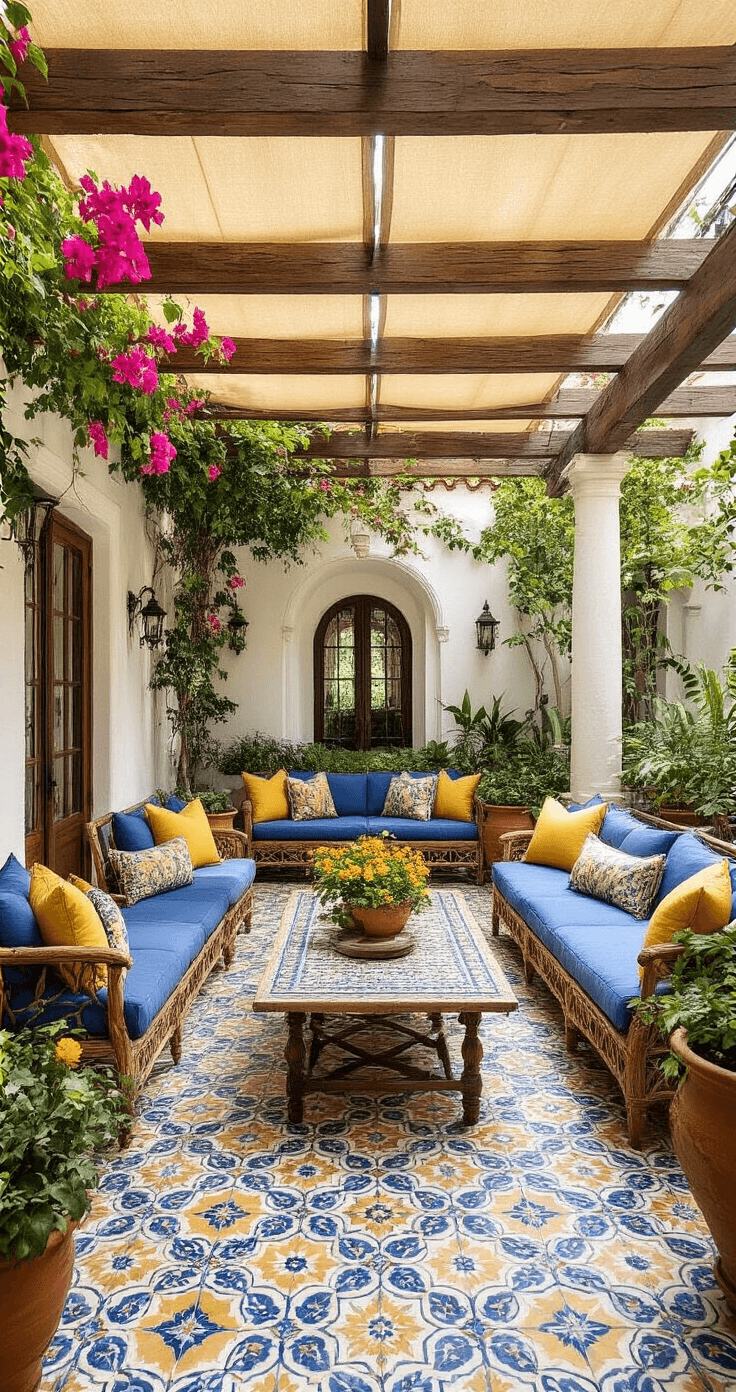 A sunlit Mediterranean courtyard features a pergola with retractable shade panels, surrounded by Spanish-patterned tile flooring, white stucco columns, mosaic tables, and vibrant bougainvillea in terracotta pots.