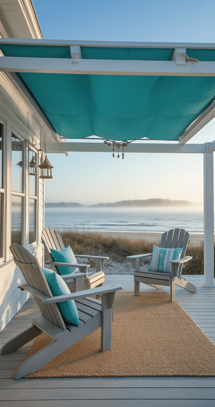 A coastal cabana retreat features a beachside 12x12ft covered space with a weathered white aluminum frame and retractable aqua canvas cover, low-angle view highlighting movement. Driftwood gray Adirondack chairs face the ocean, on a sisal rug adorned with nautical rope details and marine-grade stainless hardware. Shell wind chimes and coastal ornaments enhance the ambiance, with a misty shoreline softly blurred in the background.