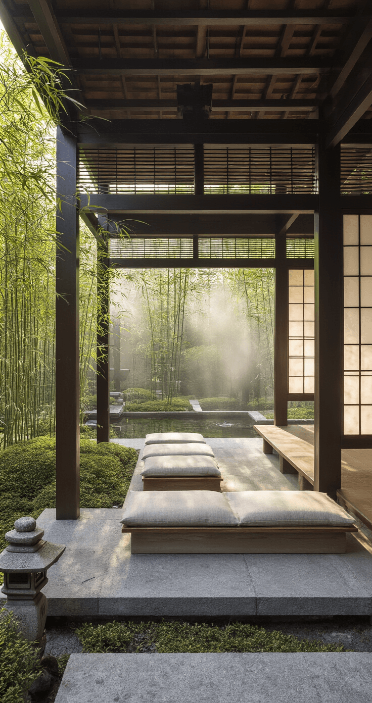 A Japanese-inspired pavilion in a zen garden at dawn, featuring a bamboo roof, shoji screens, low seating with linen cushions, stone lanterns, and a water feature, surrounded by manicured bamboo and maples, captured from ground level in a misty atmosphere.
