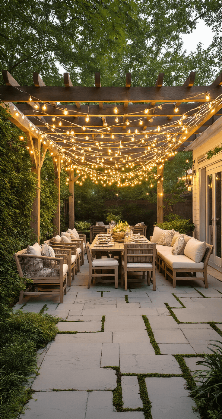 A 20x15ft stone patio during golden hour, featuring a pergola-covered dining area with weathered teak furniture, warm white LED string lights forming a geometric canopy, and Edison bulbs at varying heights, all set on natural stone flooring with moss accents, complemented by cream-colored Sunbrella cushions on the chairs and soft shadows creating intricate patterns.