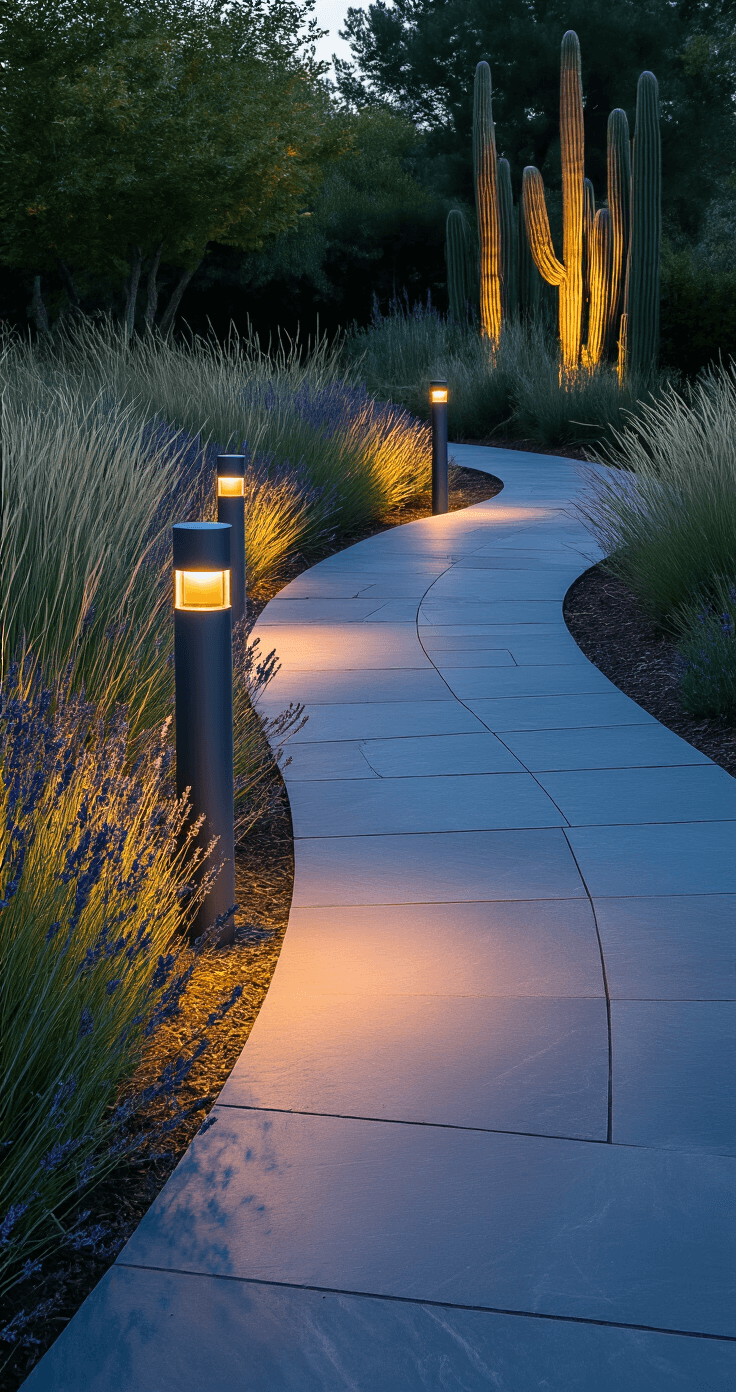 Low-angle view of a curved garden pathway at dusk, featuring gunmetal gray solar bollards illuminating a slate path bordered by native grasses and lavender, with warm light creating gentle pools, and spotlighted architectural cacti in the background.