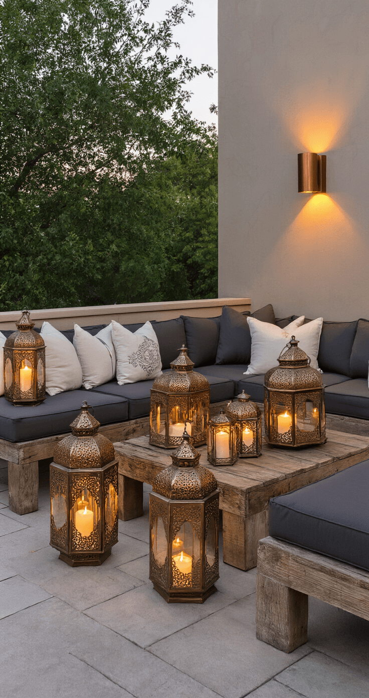 Eye-level view of a cozy 12x12ft patio corner lounge at twilight, featuring Moroccan-inspired bronze lanterns on reclaimed wood tables, flickering battery-operated candles, a plush charcoal sectional with ivory cushions, and aged copper wall sconces illuminating the scene.