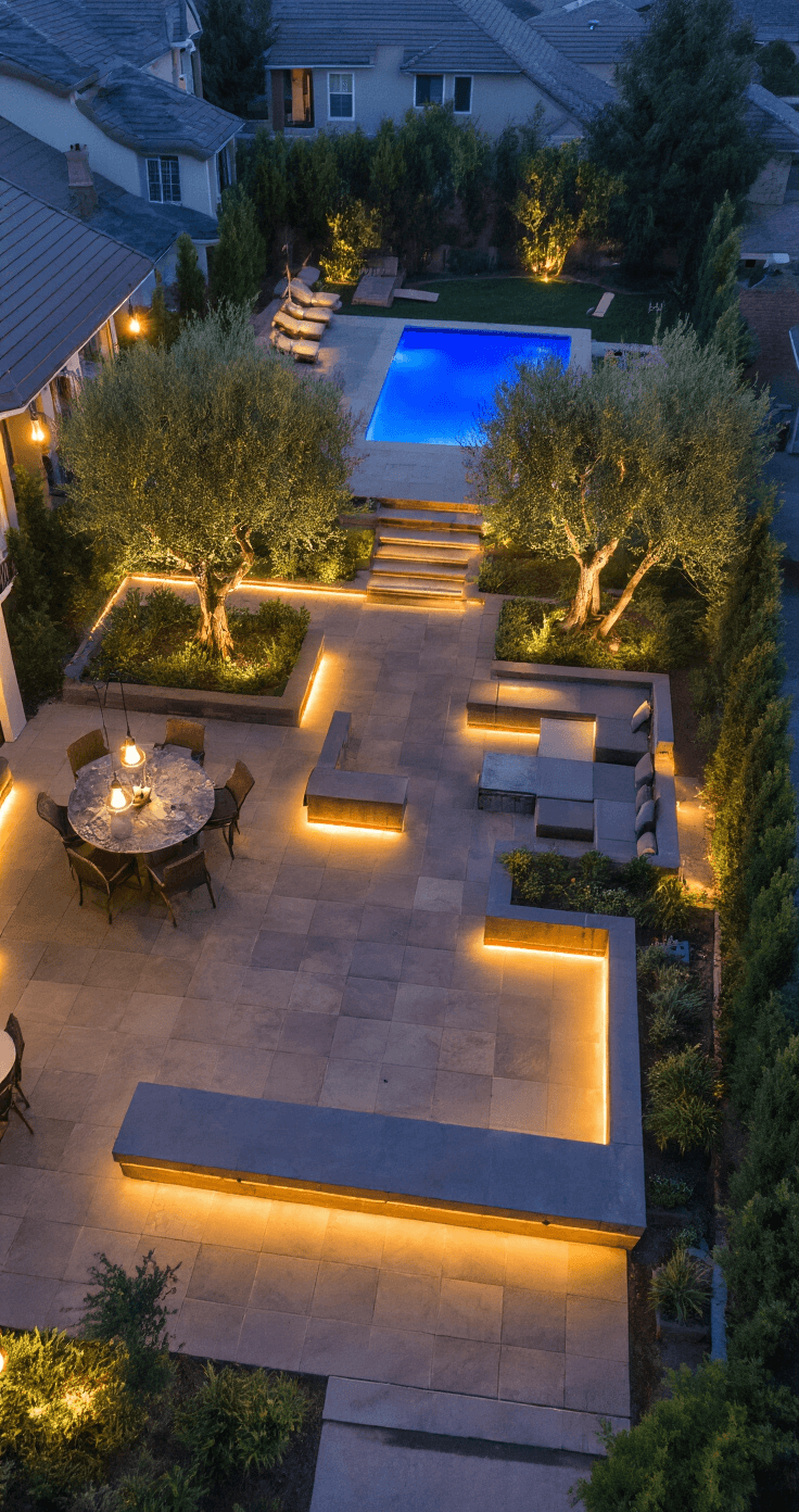 Aerial view of a multi-zone patio at sunset, showcasing illuminated dining, conversation, and meditation areas with smart lighting; cool blue pool lights contrast with warm 3000K lights, featuring a long exposure effect.