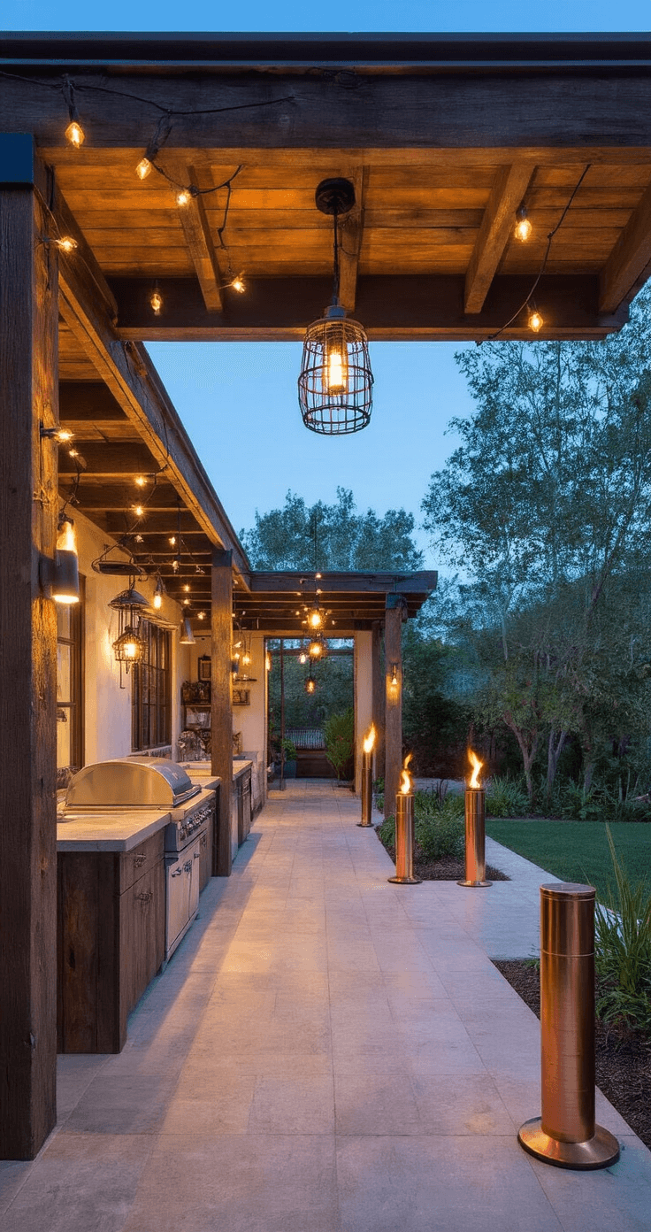 Wide-angle image of a covered patio at dusk, featuring rustic wooden beams with vintage string lights, industrial cage pendant lights over an outdoor kitchen, and copper tiki torches illuminating the perimeter, showcasing mixed lighting temperatures against a blue hour backdrop.
