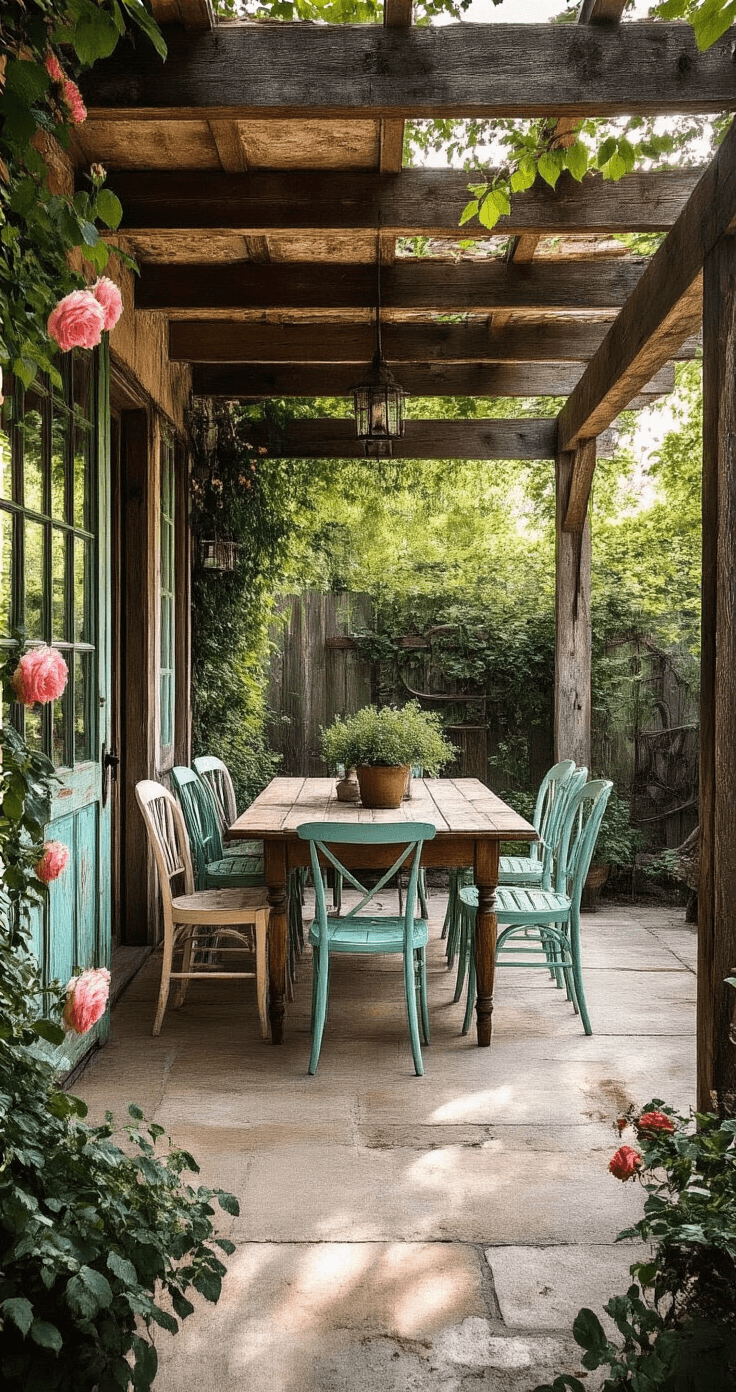 Wide-angle view of a vintage-inspired upcycled patio cover featuring repurposed barn wood beams, antique window frames, and salvaged metal accents with weathered turquoise and rust patinas. Climbing roses frame the structure, while mismatched pastel chairs surround a distressed farmhouse table, all captured in soft mid-morning light.