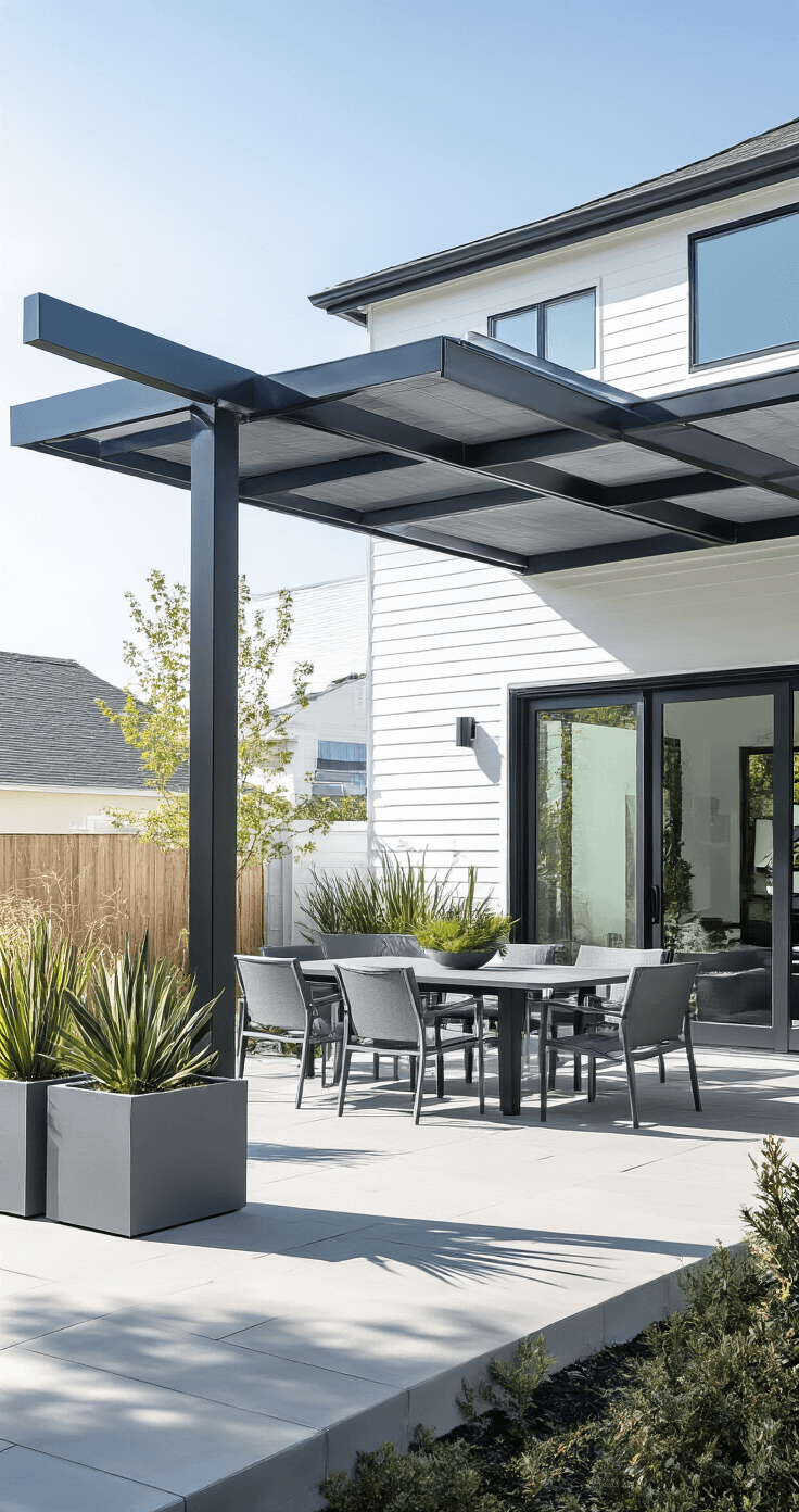 Contemporary patio with a sleek aluminum cover, featuring a minimalist gray dining set and geometric planters, captured in bright midday light with high-contrast shadows against a white house exterior.