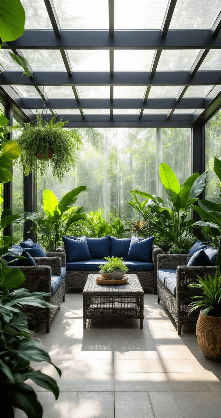 Bright and airy covered patio space featuring polycarbonate panels in morning light, with a modern charcoal gray wicker conversation set and navy cushions, surrounded by thriving tropical plants, capturing depth and subtle prismatic effects.