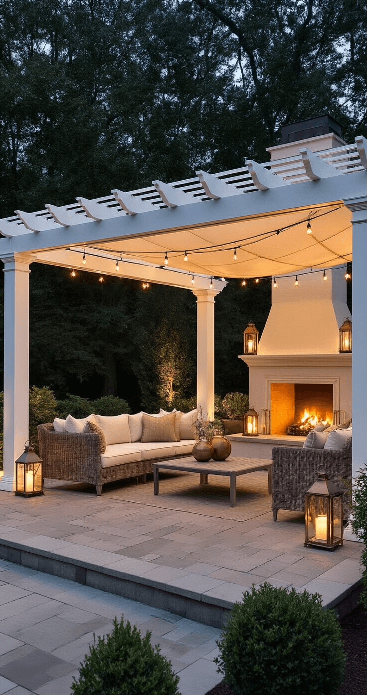 A beautiful dusk setting featuring a classic 18x24ft vinyl pergola with a retractable cream shade cloth, elegantly furnished outdoor living room with neutral furniture and copper accents, and a statement outdoor fireplace, all illuminated by layered landscape lighting including uplighting, string lights, and lanterns, showcasing architectural symmetry.
