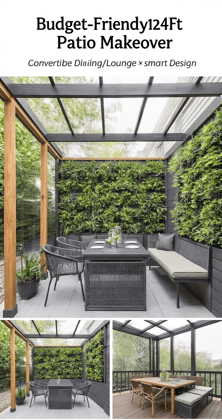 Budget-friendly 12x14ft patio makeover featuring a mixed-material cover with wood frame, metal mesh, and clear panels. Convertible charcoal furniture for dining and lounging, complemented by a vertical garden wall for privacy. Strategic solar lighting enhances the space, captured in natural afternoon light to highlight texture variations and smart design choices.