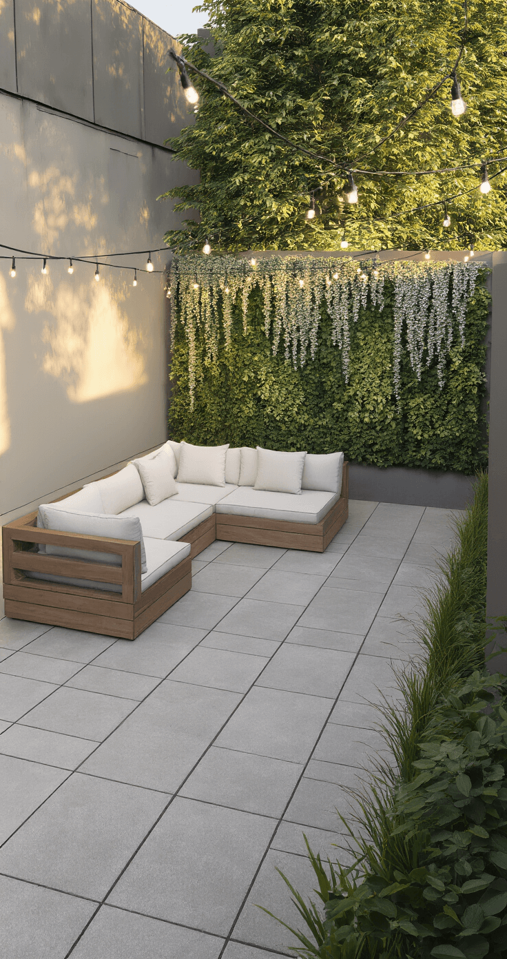 A modern compact patio featuring large light gray concrete pavers arranged in a linear pattern, with a weathered teak sectional and white cushions. A vertical garden wall with cascading silver falls dichondra is in the background, and string lights create a cozy atmosphere above. Shot from a high corner angle during golden hour, highlighting textures and geometric lines.
