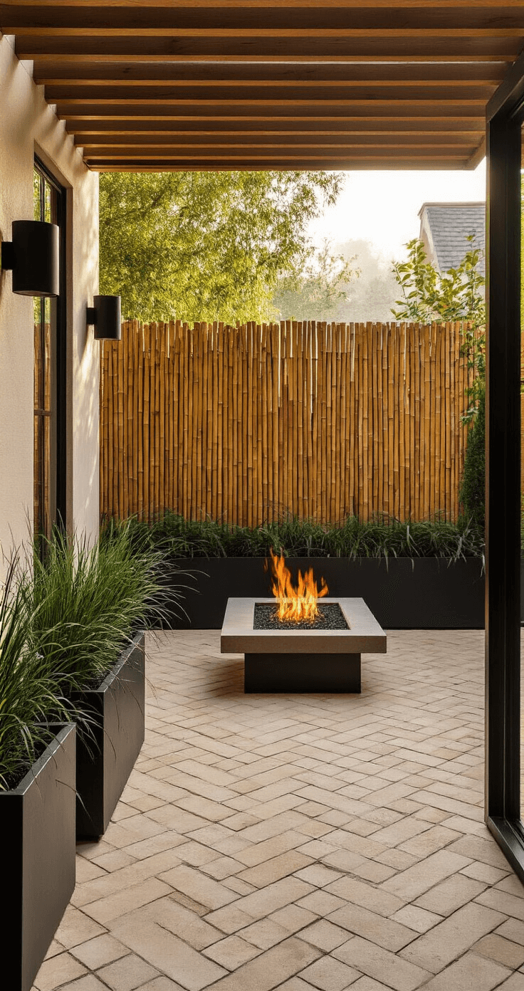 Intimate urban patio with bamboo privacy screens, herringbone limestone pavers, contemporary fire pit, and minimalist steel planters, captured in early morning light with mist for atmospheric depth.