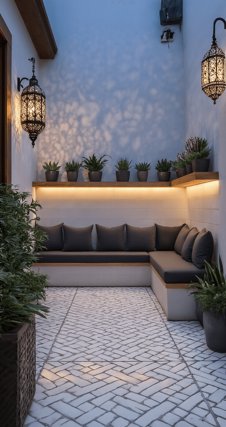 Corner view of a patio with dove white porcelain pavers, a built-in bench with charcoal cushions, and floating shelves with potted succulents, illuminated by Moroccan lanterns at twilight.