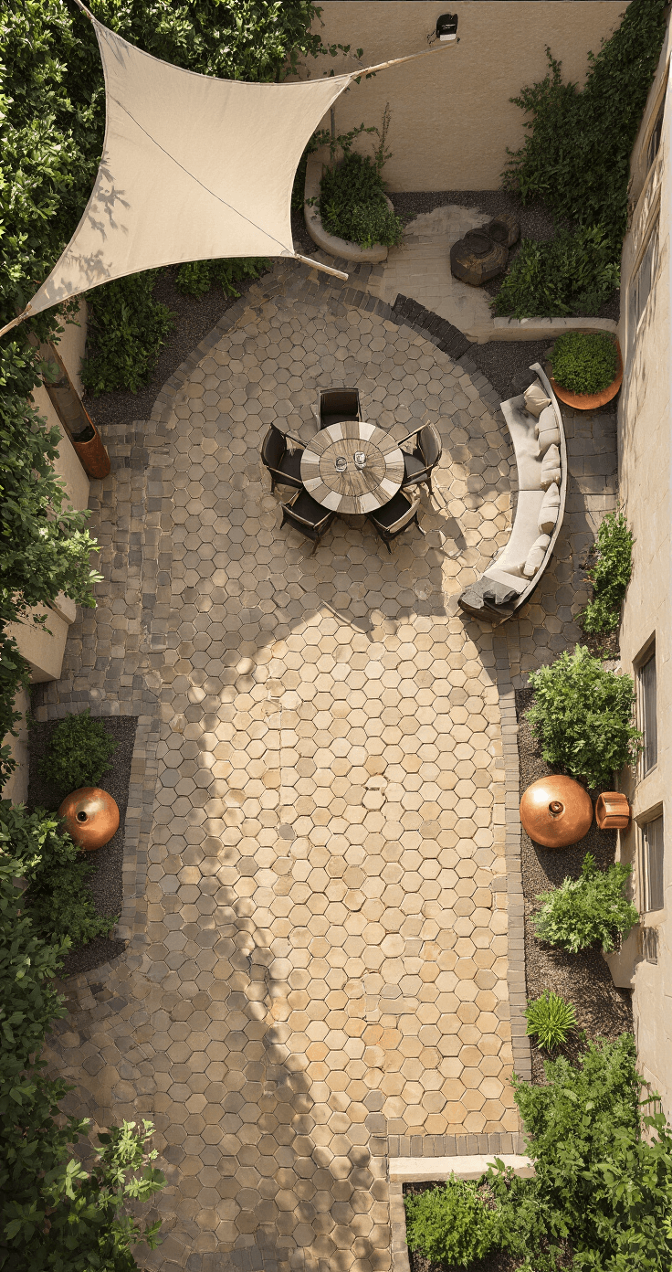 Overhead view of a 15x15ft courtyard patio with interlocking hexagonal pavers in sand tones, a central circular dining area with dark border pavers, copper planters with Mediterranean herbs in the corners, and a retractable shade sail creating dappled light amidst dramatic shadows.