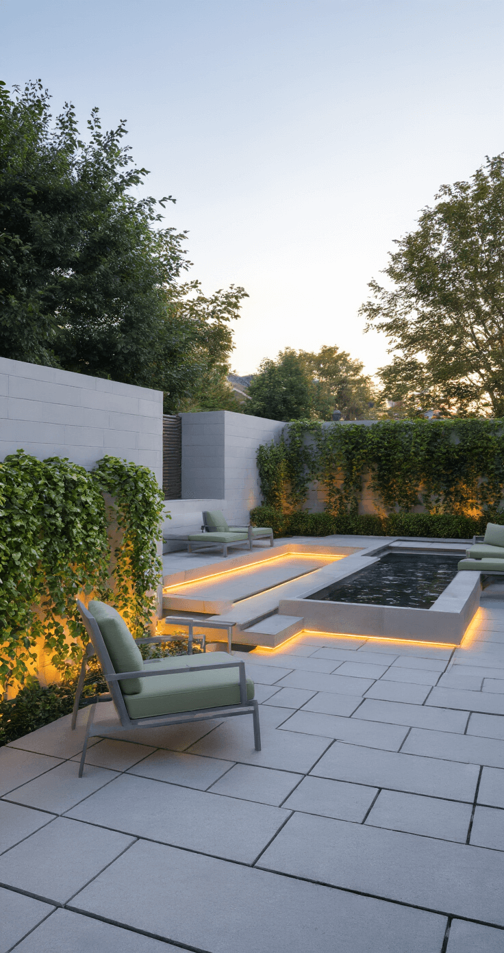 Eye-level view of a contemporary patio featuring permeable gray pavers leading to a modern water feature, wall-mounted planters with silver pothos, integrated LED strip lighting on steps, and minimalist lounge chairs with sage cushions, captured during golden hour for a dreamy bokeh effect.