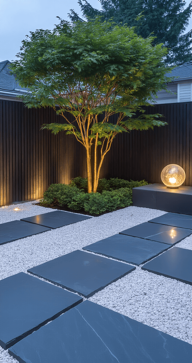 Ground-level view of a zen patio with large slate pavers and white marble aggregate, featuring a Japanese maple and shou sugi ban fence, illuminated by glass orb lights at blue hour.
