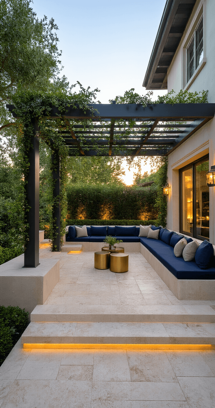 Wide-angle view of a multi-level patio featuring ivory travertine pavers, a modern metal pergola with climbing jasmine, built-in concrete seating with navy cushions, brass accent tables, and dramatic uplighting at sunset.