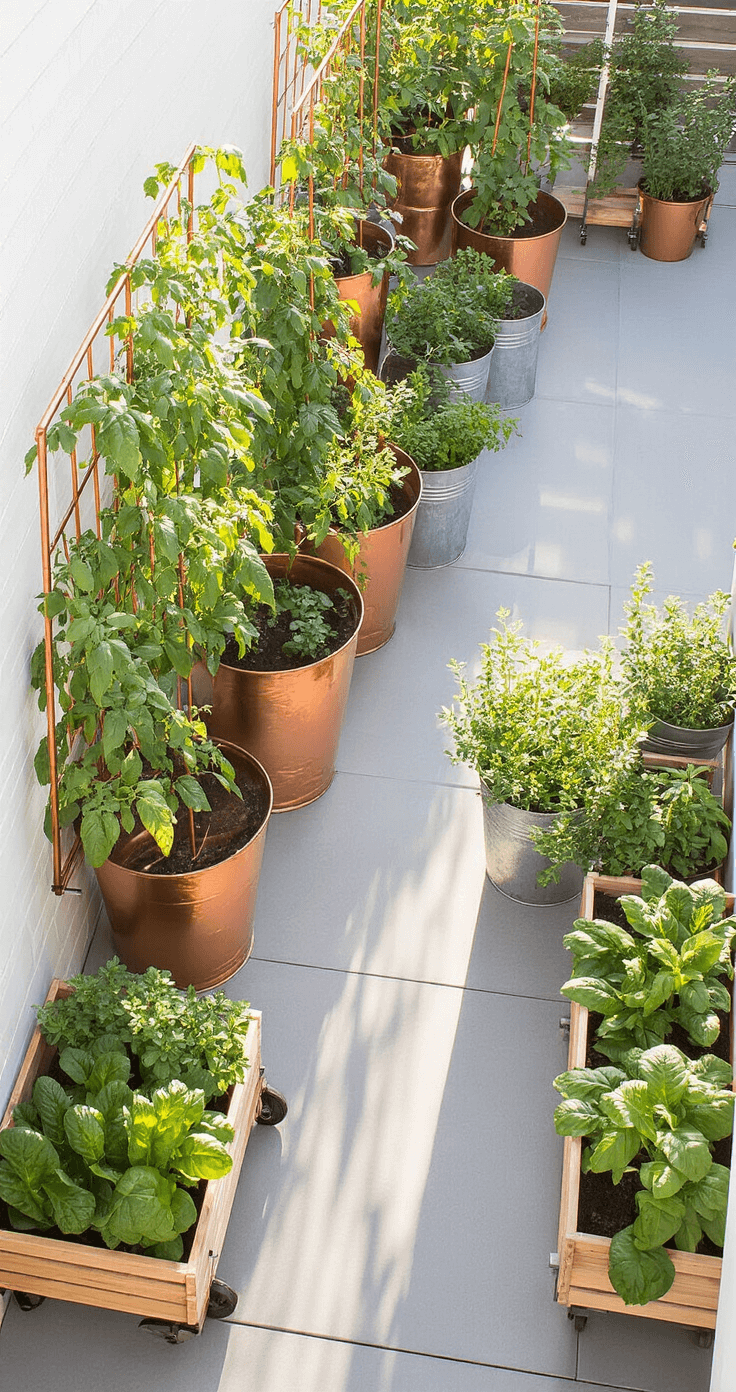A sunlit urban patio garden featuring tiered displays of copper and terracotta containers with tomato plants on trellises and herbs in galvanized buckets, surrounded by wheeled cedar planters of leafy vegetables, captured from an elevated angle during golden hour.