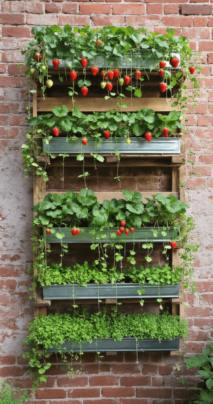 Intimate vertical garden against a weathered brick wall featuring a three-tier recycled pallet system filled with strawberry plants and trailing herbs, complemented by horizontally mounted galvanized gutter gardens with microgreens, all illuminated by soft natural light.