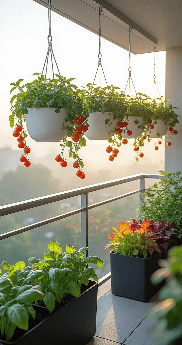 A contemporary balcony garden at dawn with minimalist white hanging baskets of cherry tomatoes and oregano, stainless steel railings supporting climbing sugar snap peas, and matte black self-watering containers displaying rainbow chard, all depicted in cool morning light with ethereal mist highlighting dewdrops on the foliage.