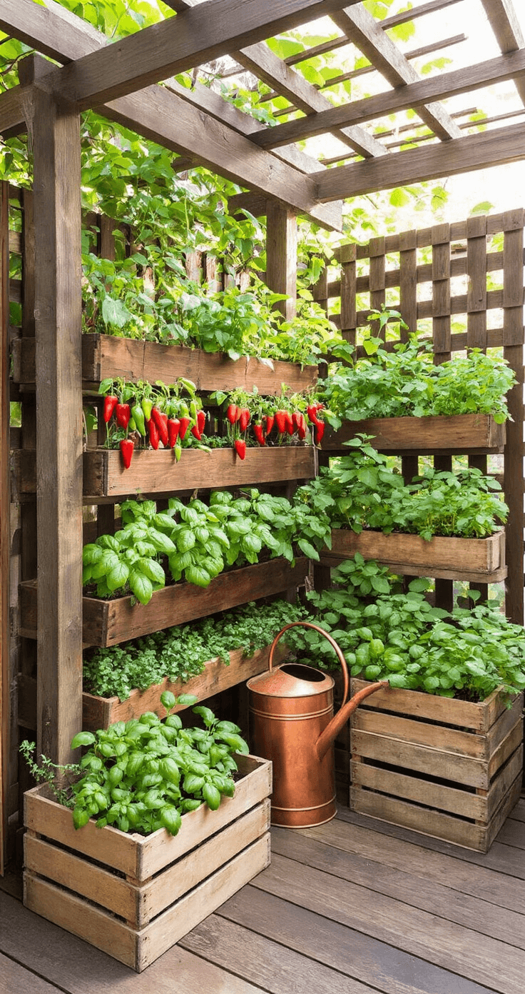A cozy 6'x6' patio corner illuminated by afternoon light, featuring a rustic wooden ladder-style vertical planter with compact peppers and basil, upcycled wine crates turned herb gardens, and a vintage copper watering can as the focal point, showcasing warm wooden tones and deep greens with dappled sunlight filtering through a pergola.