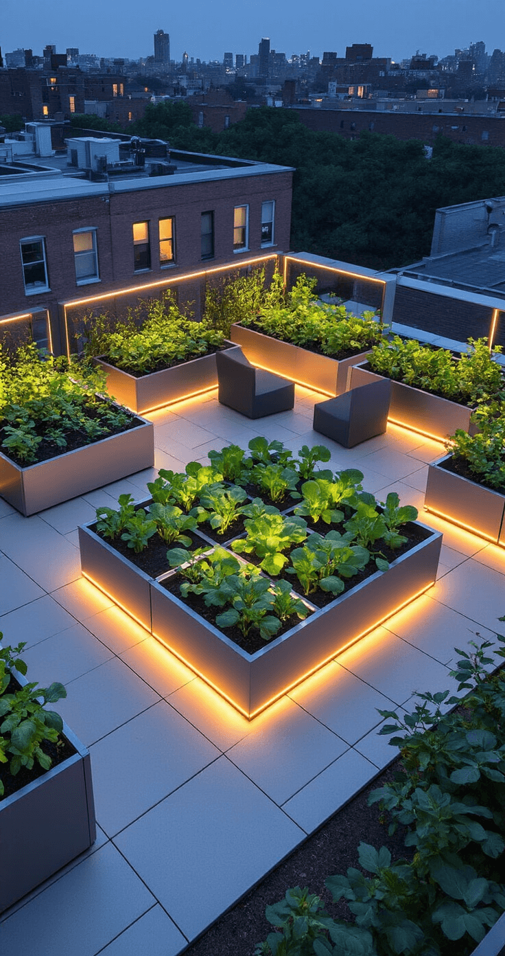 A high-angle view of a modern rooftop container garden at dusk, featuring LED-lit raised beds in powder-coated steel filled with dwarf vegetable varieties, surrounded by reflective metallic surfaces that enhance the lighting, showcasing a grid layout of geometric planters contrasted with organic plant forms.