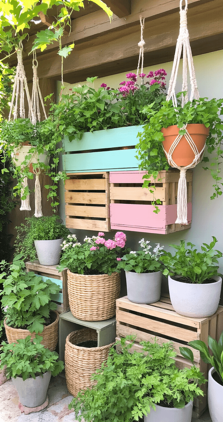 A vibrant bohemian-style micro garden featuring macramé plant hangers with clay pots of trailing herbs, pastel-painted wooden crates for verticality, and a mix of woven baskets and concrete planters, all captured in bright, even midday lighting to showcase the layered textures of various containers and foliage.