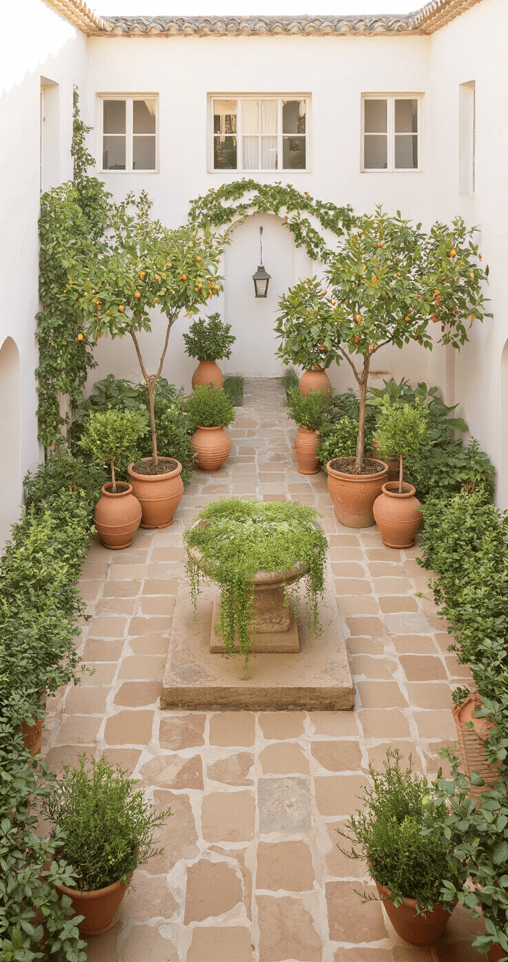 Aerial view of a Mediterranean-inspired courtyard garden at sunrise, featuring a symmetrical arrangement of terracotta pots, espaliered fruit trees against whitewashed walls, and a central stone pedestal with cascading herbs, all illuminated by warm golden light and softened by a light morning haze.