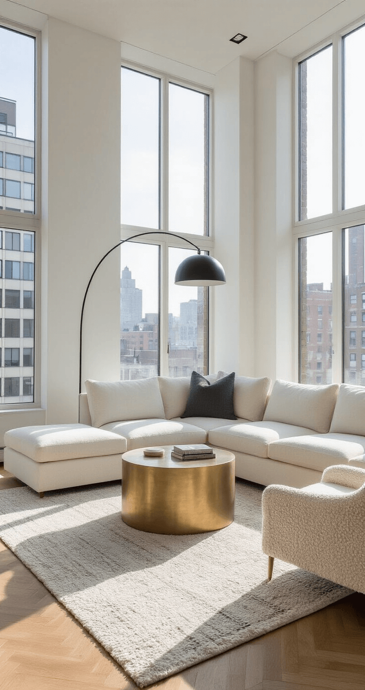 A cozy urban living room featuring a low-profile ivory sectional sofa, a round brass coffee table, and a cream bouclé accent chair, all illuminated by afternoon sunlight streaming through floor-to-ceiling windows, with white oak herringbone flooring and a geometric gray wool rug.