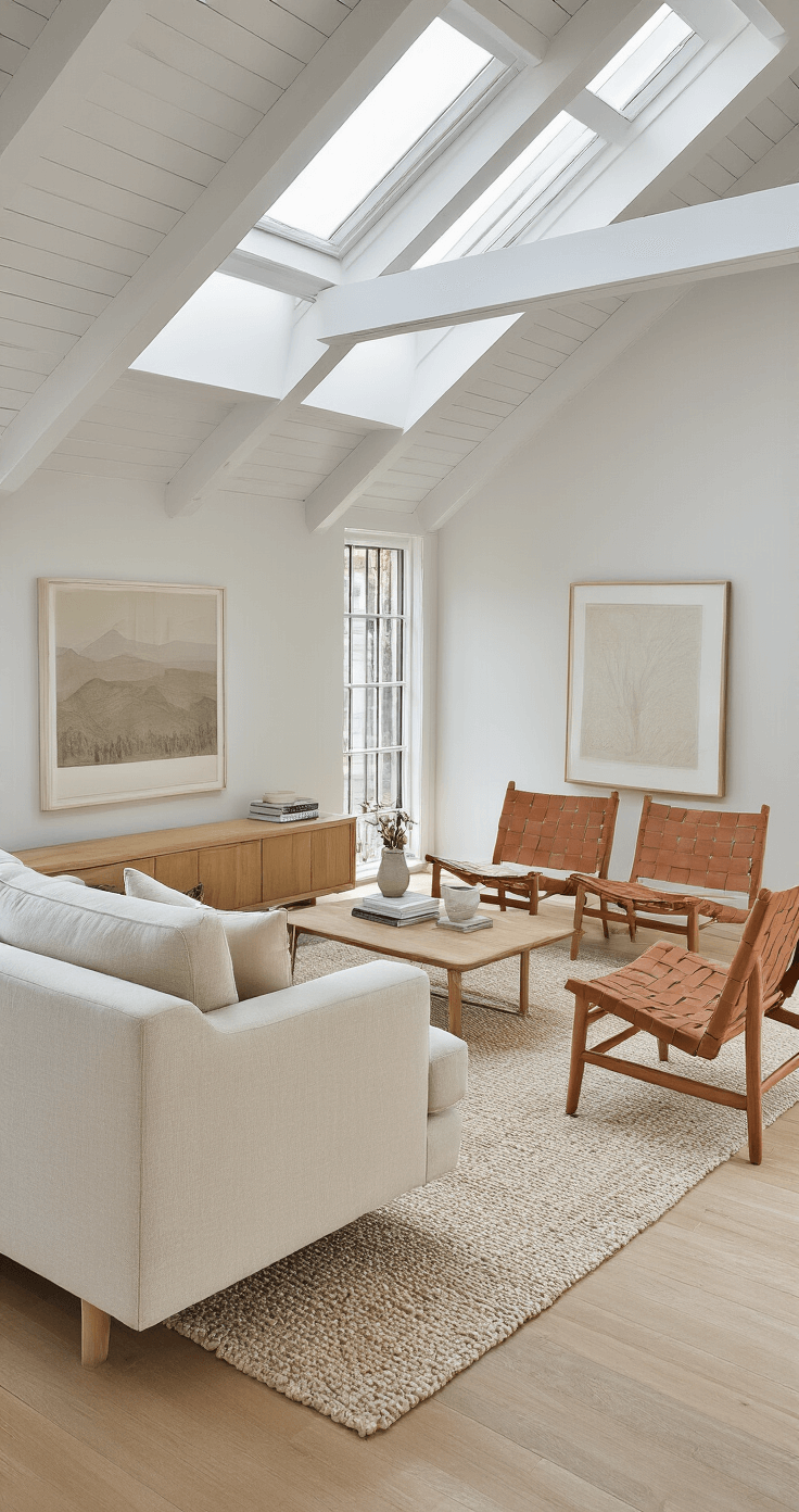 A bright Scandinavian-inspired living room featuring exposed white beams, a light oak media console with minimalist art, a textured cream sofa, woven leather accent chairs, and layered neutral rugs, all illuminated by natural light from a skylight.