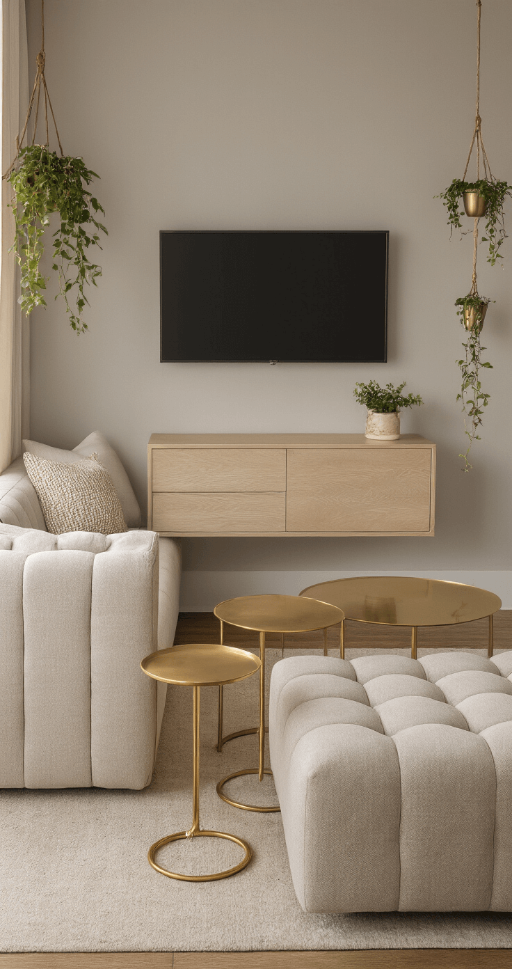A cozy urban micro lounge featuring pearl gray walls bathed in golden hour lighting, with a wall-mounted TV above a floating bleached oak credenza, an oatmeal linen channel-tufted sectional in the corner, nested brass tables, and hanging plants for added warmth.