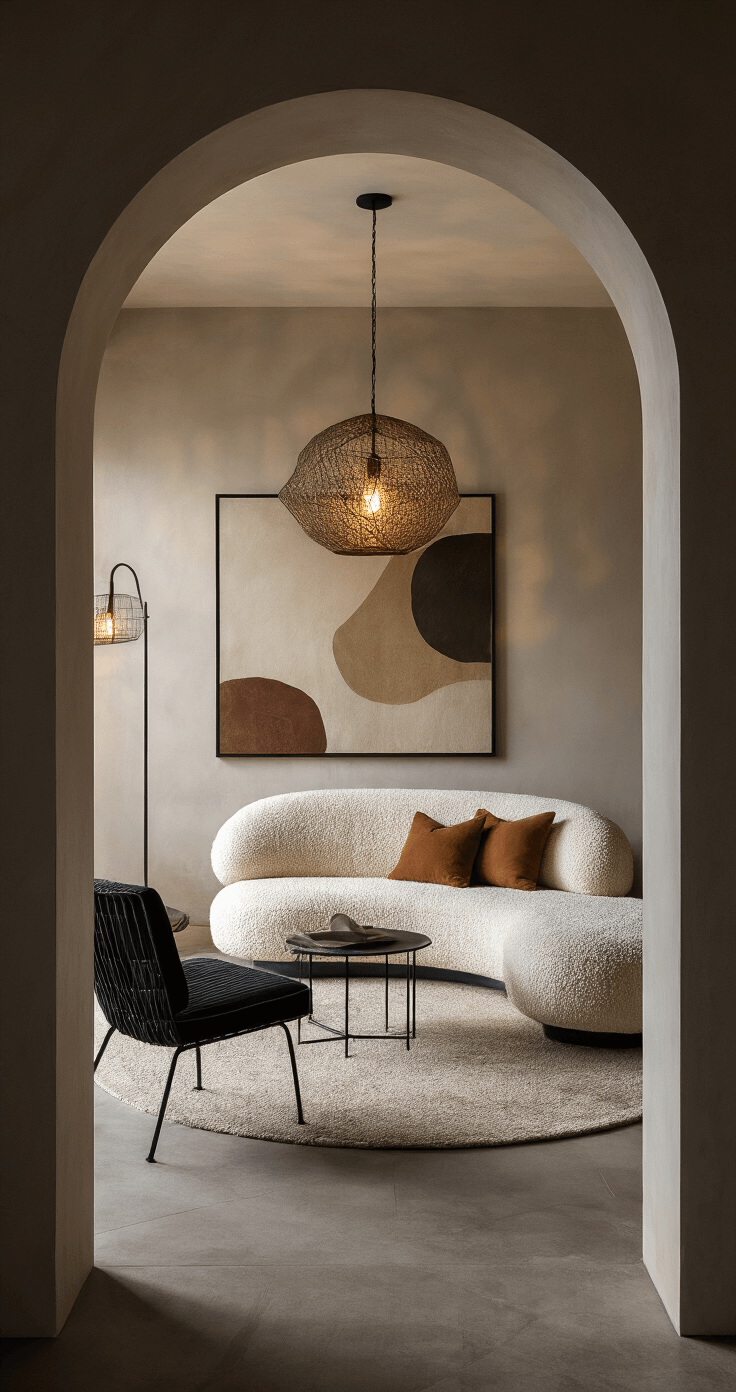 A cozy 10x12ft room featuring a curved cream bouclé sofa and black metal frame chairs, highlighted by dusk lighting and warm LED glow. An architectural arched doorway frames the scene, with a geometric pendant light casting dramatic shadows and abstract earth-toned art adding organic movement to the intimate atmosphere.
