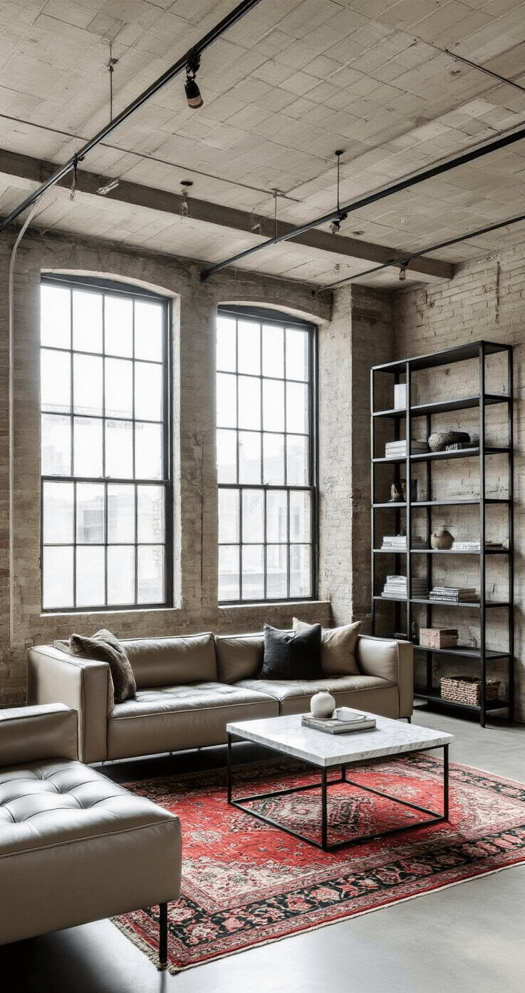 Open concept 12x15ft metropolitan studio featuring industrial elements, diffused afternoon light through factory-style windows, low-profile greige leather seating around a marble-topped coffee table, a black steel shelving unit, and a vintage Persian rug on concrete floors, captured with a wide-angle lens emphasizing textures.