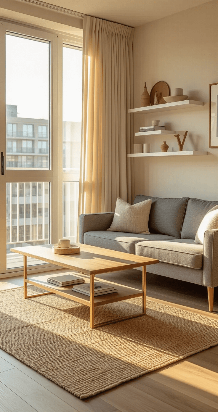 Cozy contemporary studio with a grey sofa bed, wooden lift-top coffee table, and floor-to-ceiling windows, bathed in golden hour sunlight. Minimalist decor on white oak floating shelves and a jute area rug on warm beige walls.
