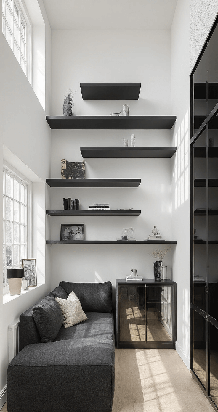 A low-angle view of a narrow living room with a 10ft ceiling, showcasing white walls, matte black floating shelves, a charcoal sectional, and a mirrored cabinet, illuminated by dramatic afternoon light and cast shadows, all in a cool grey and black palette with metallic accents.