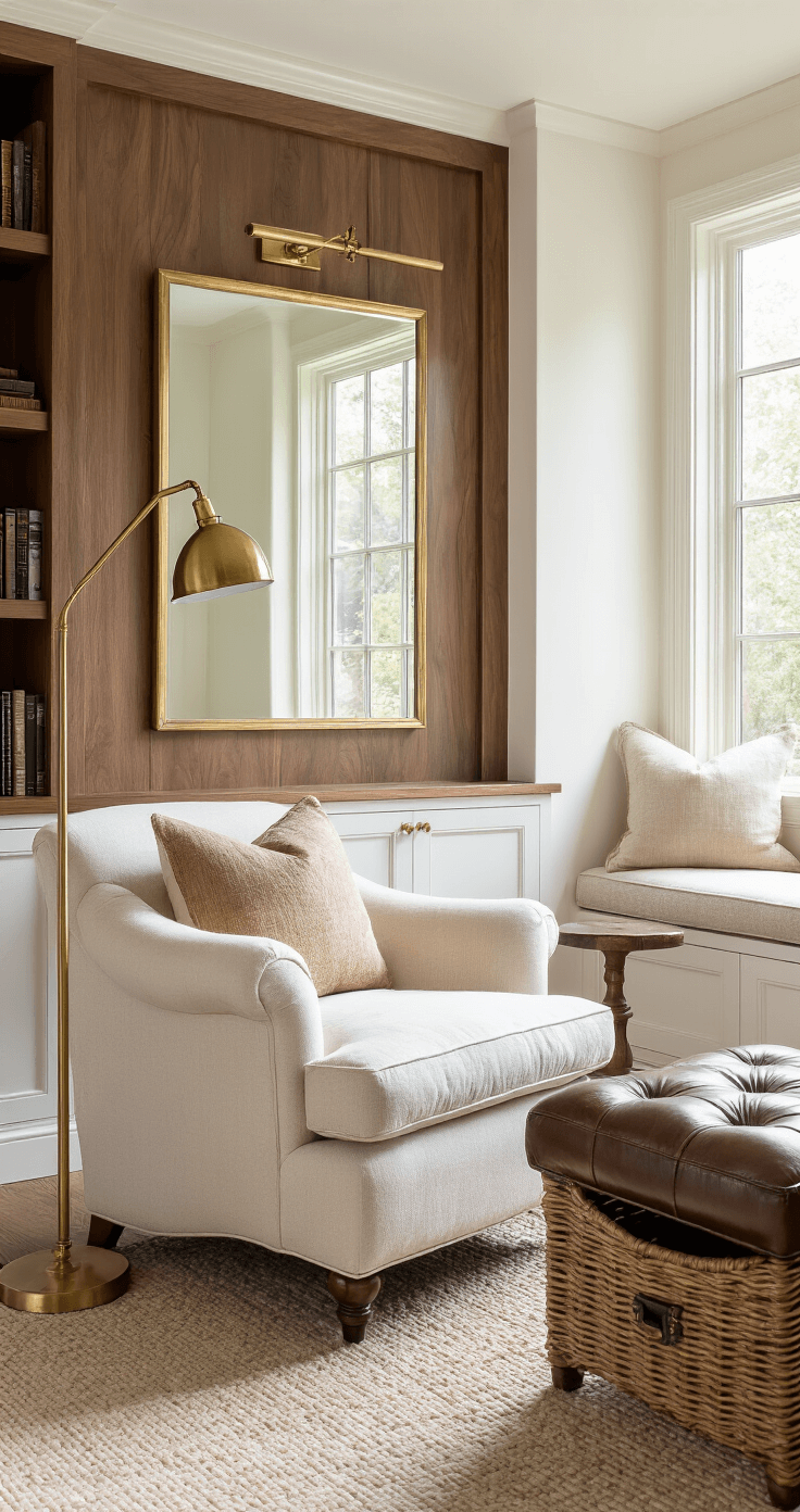 A cozy reading nook featuring a plush cream armchair under walnut shelving, illuminated by a brass floor lamp. A large antiqued mirror reflects light, and a vintage leather ottoman provides hidden storage, with macro focus on the velvet upholstery, woven basket, and aged brass hardware.