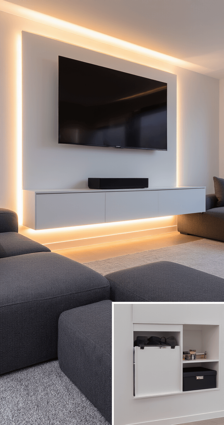 A modern entertainment area featuring a wall-mounted flat screen above a minimal white media console, accented by hidden LED strips for ambient lighting. The space showcases modular charcoal seating with pull-out storage drawers, all captured at dusk with cool evening tones and pops of light.