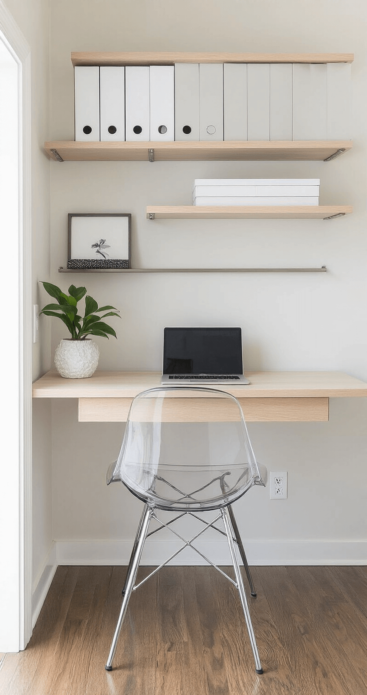 A minimalist home office nook featuring a wall-mounted bleached oak desk, a ghost chair, and brushed steel vertical filing system, all illuminated by crisp morning light. The space showcases a monochromatic palette of whites and light woods with black hardware accents.