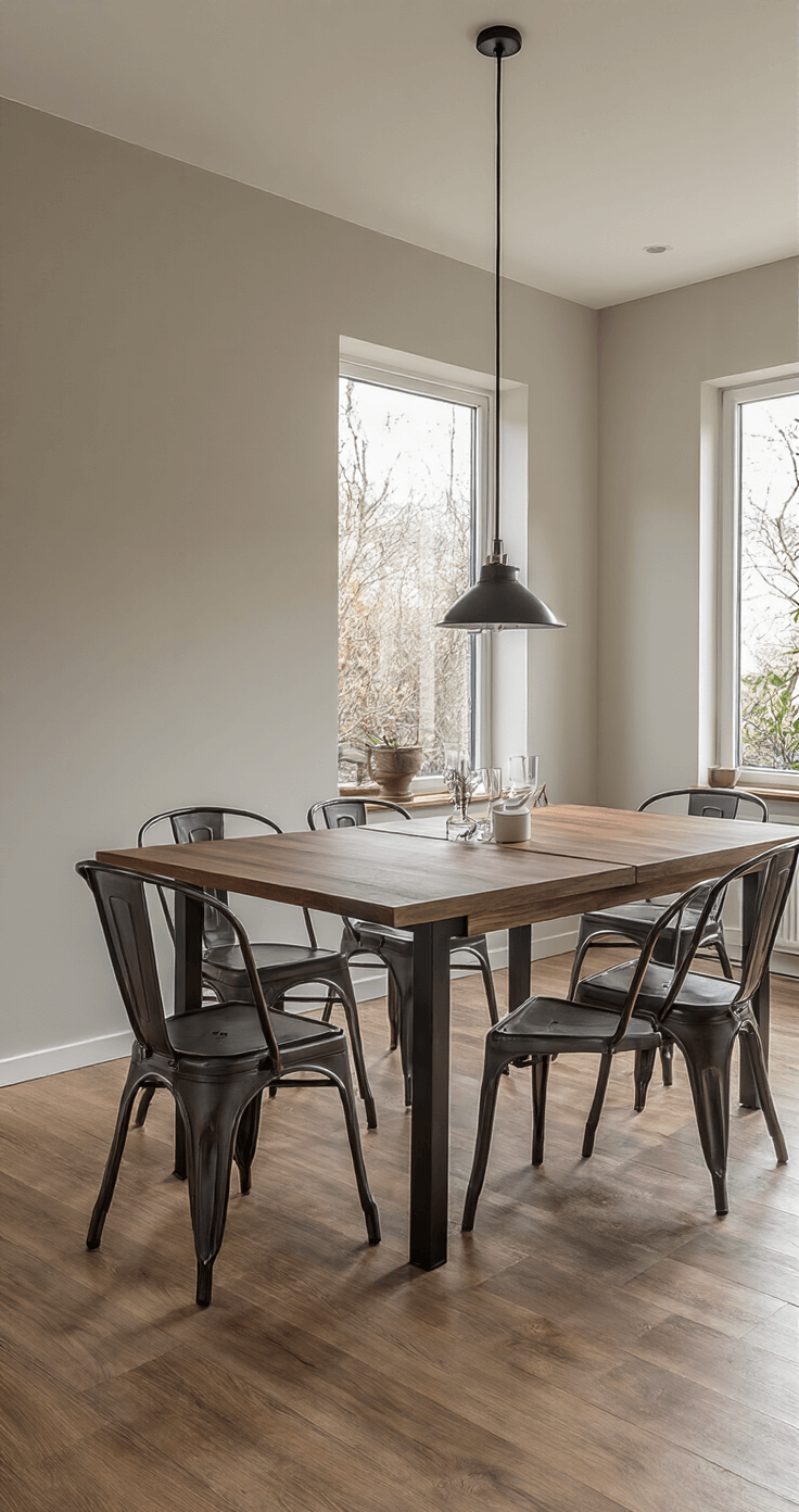 A cozy 10x10ft convertible dining space bathed in late afternoon sunlight, showcasing a walnut veneer expandable wall-mounted table, matte black stackable metal chairs, and an adjustable pendant light, highlighting a blend of rich wood tones and industrial metals.