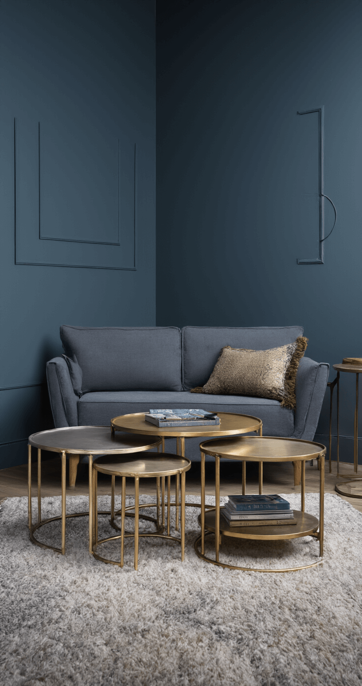 A compact, layered 12x15ft living space with three mixed metal nesting tables beneath a loveseat with hidden storage, an antiqued brass rolling cart, and moody lighting against deep blue-grey walls, showcasing intelligent space planning with furniture that slides and transforms.
