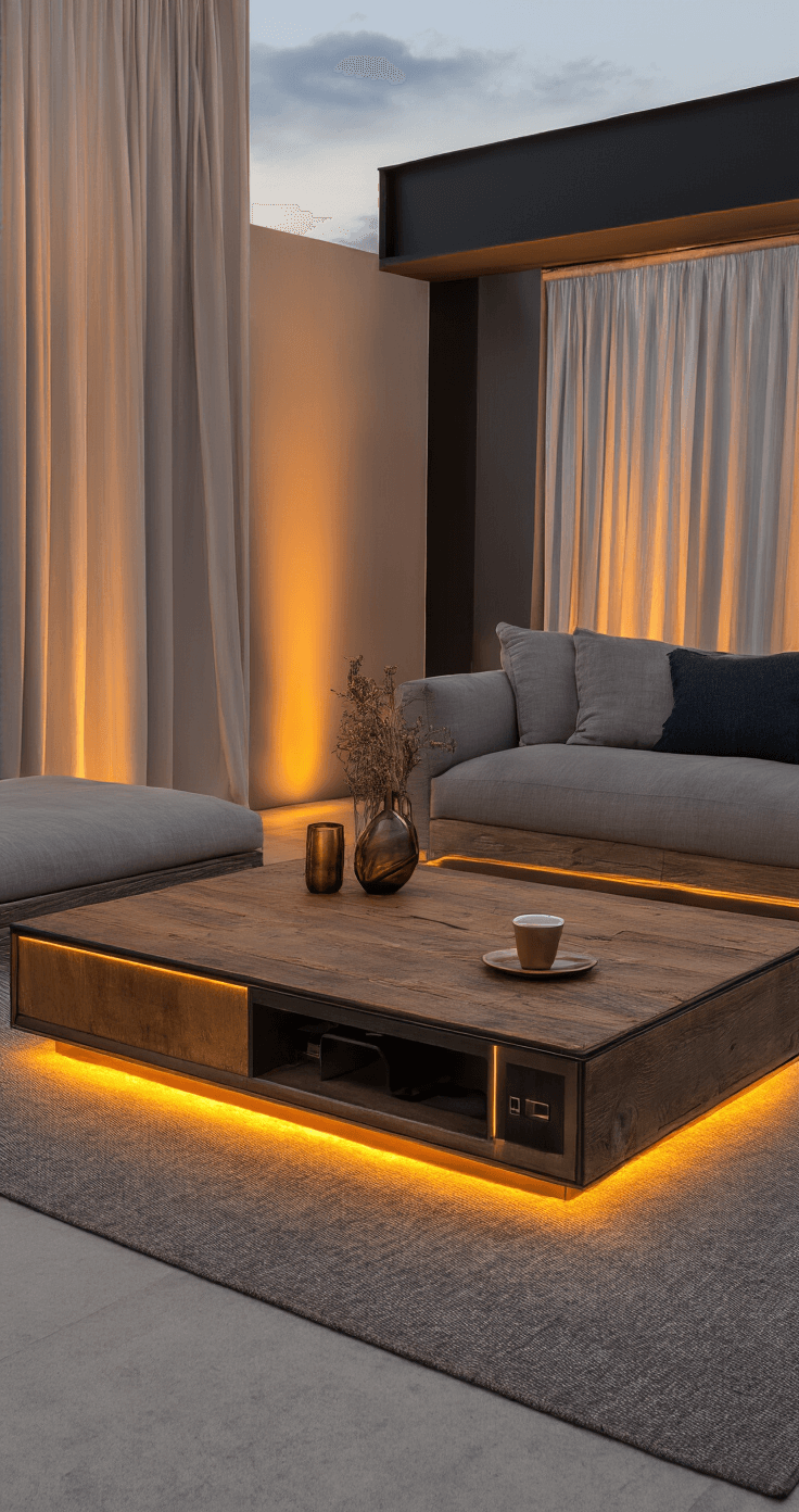 An intimate smart living space measuring 15x18ft at dusk, featuring adaptive LED lighting in warm amber tones, a multifunctional coffee table with a reclaimed wood top, touch-sensitive controls, and voice-controlled sheer curtains. The room showcases brushed metals, organic linens, and polished concrete flooring, with a color scheme of warm greys, bronze accents, and deep navy touches, captured from a low corner angle.