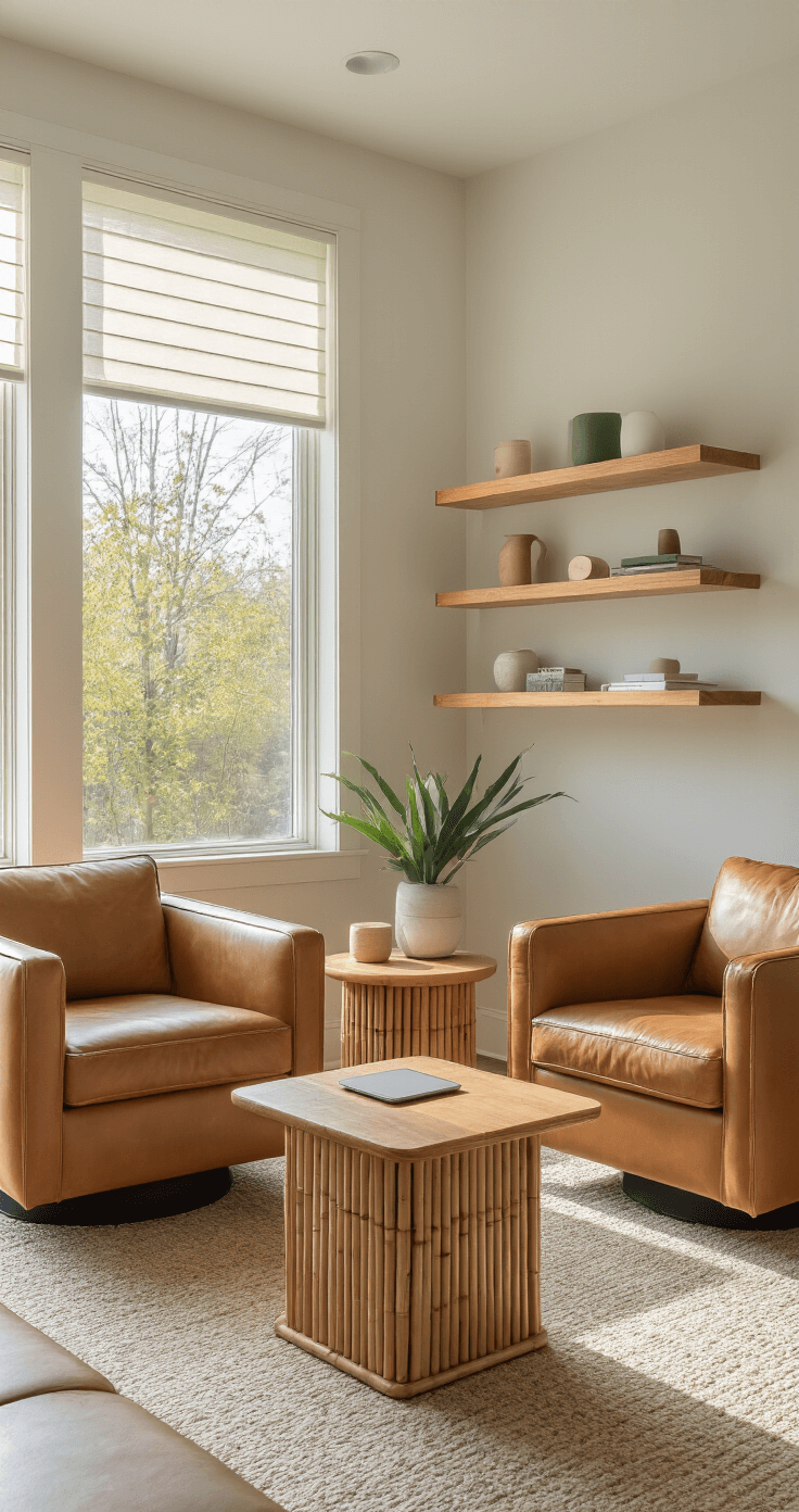 Bright, eco-friendly living room with smart-tinted windows, vegan leather armchairs, a wireless charging side table, and bamboo shelving, featuring muted earth tones, copper accents, and forest green textiles, captured from an elevated perspective.
