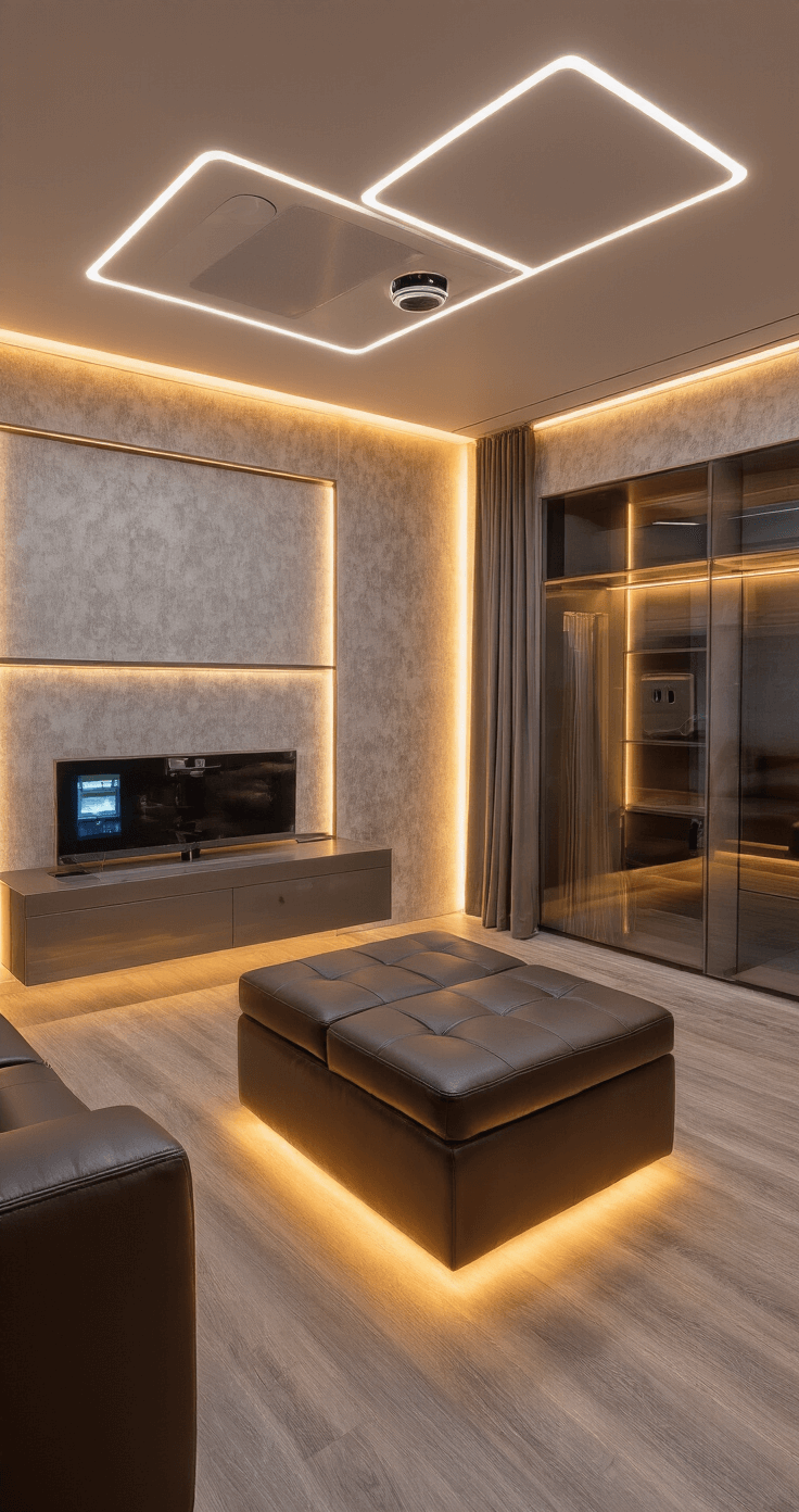 Cozy 14x16ft smart living room at twilight with motion-activated floor lighting, a multifunctional ottoman, textured wallpapers, and warm amber accents.