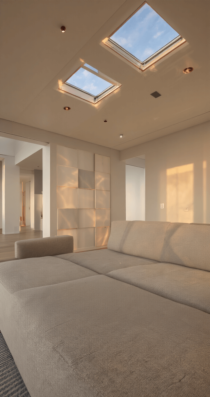 A wide-angle shot of a modern open-concept living space featuring a smart fabric sofa, voice-controlled skylights, and minimalist wall panels with integrated speakers, all bathed in golden hour light. The design incorporates soft creams and greys with rose gold accents, showcasing a blend of mixed materials like geometric tiles and acoustic panels.