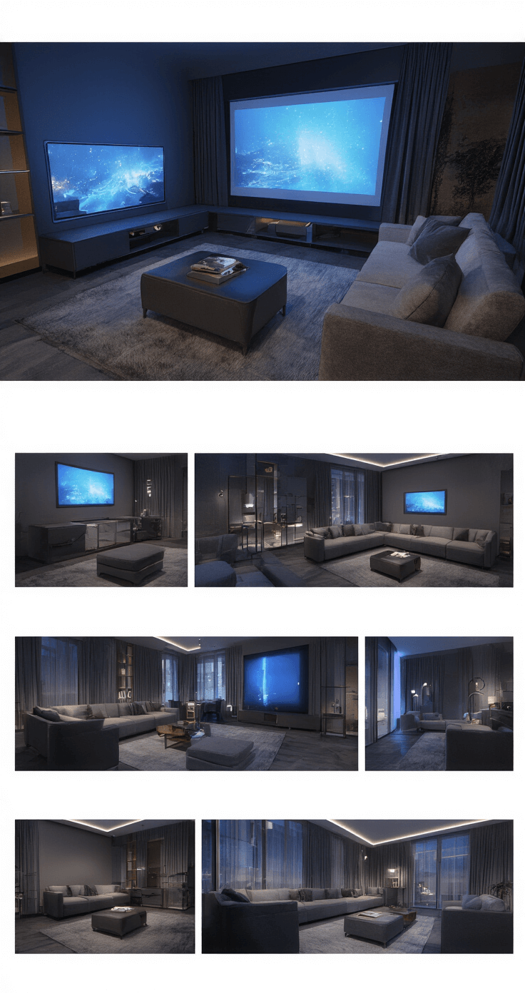 Compact 12x15ft living room at night featuring adaptive mood lighting, holographic displays, and expandable furniture with hidden storage. Shot straight-on to showcase space-saving design, with smart glass, metallic finishes, and plush fabrics in deep charcoals and silvers, illuminated by programmable LED colors.
