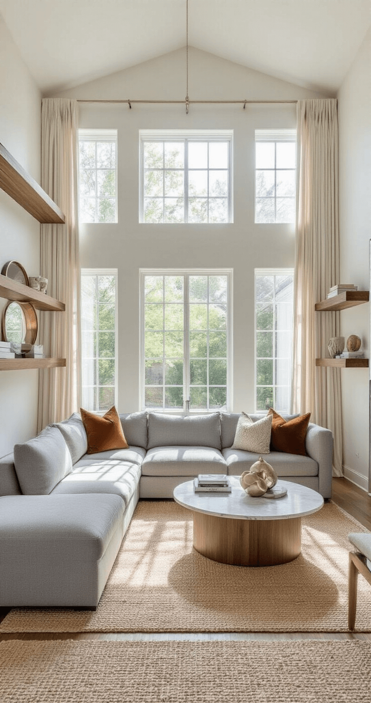 A bright and modern living room featuring floor-to-ceiling windows, white walls with walnut shelves, a gray linen sectional, round marble nesting table, ivory and cream striped curtains, and decorative elements in a layered texture.
